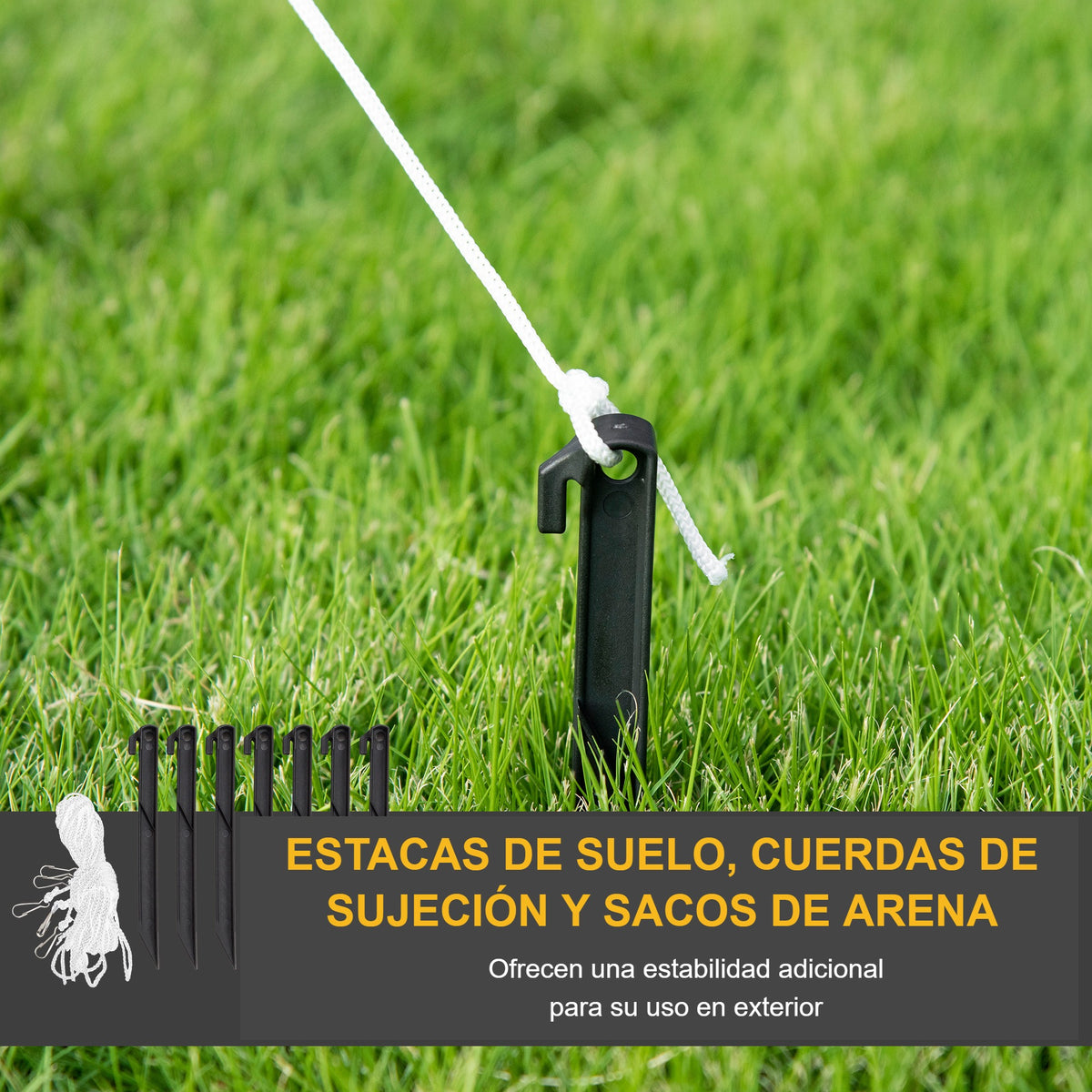 Estacas de suelo, cuerdas de sujeción y sacos de arena para fijar el muñeco de nieve hinchable
