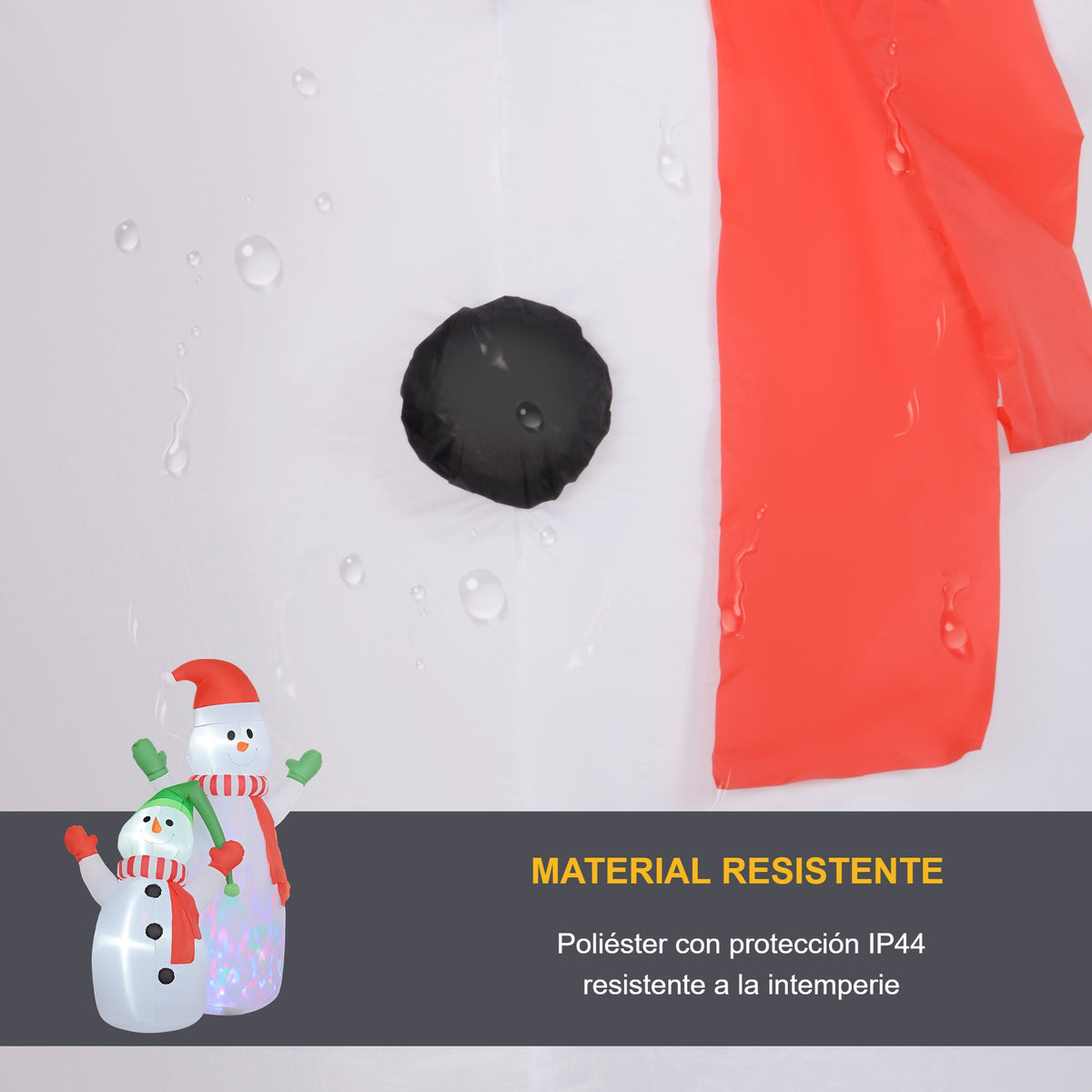 Material resistente: detalle del tejido de poliéster con protección IP44 del muñeco de nieve hinchable