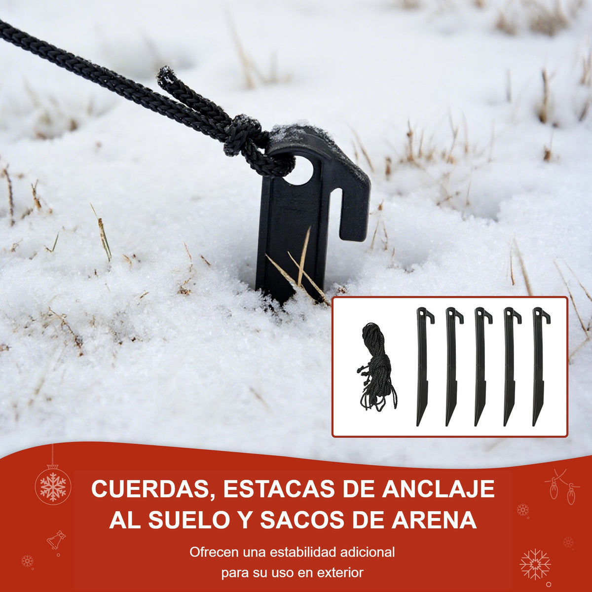 Cuerdas, estacas de anclaje al suelo y sacos de arena para fijar el muñeco de nieve hinchable