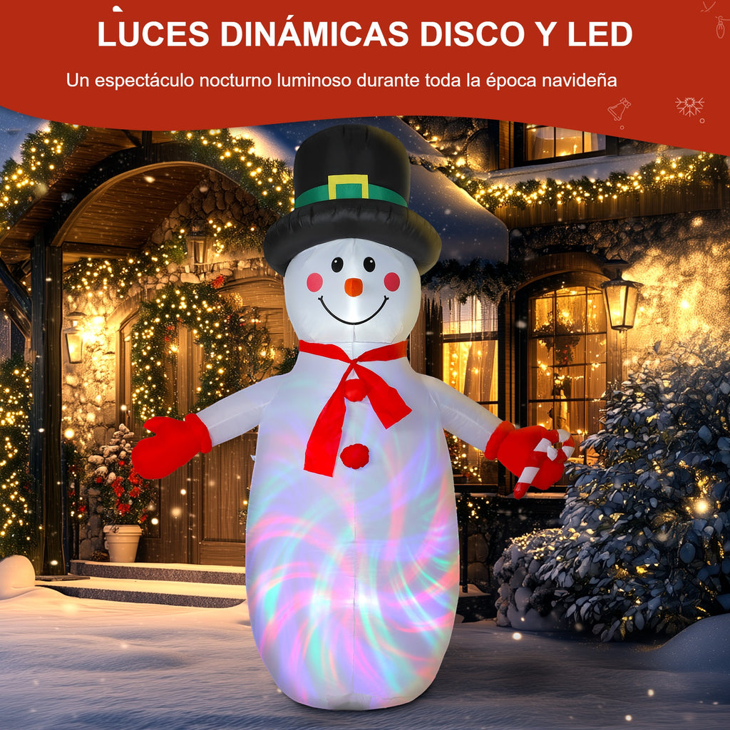 Luces dinámicas disco y LED: muñeco de nieve hinchable iluminado delante de una casa decorada