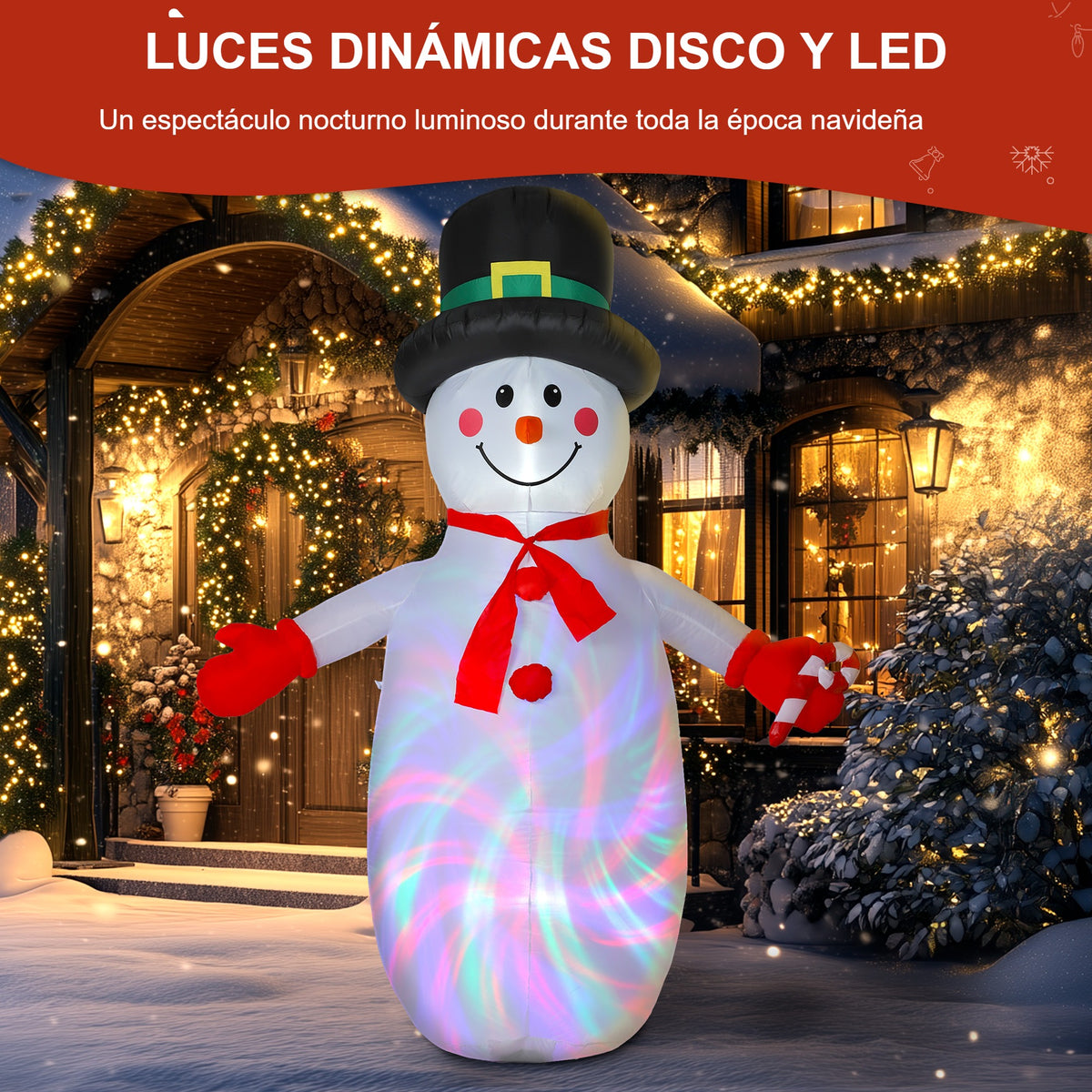 Luces dinámicas disco y LED: muñeco de nieve hinchable iluminado delante de una casa decorada