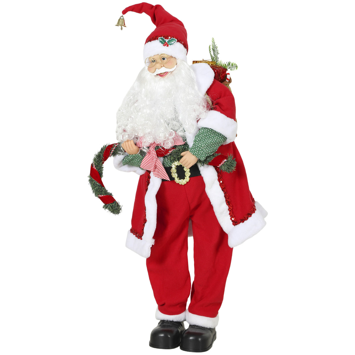 Papá Noel animado de 120 cm con traje rojo, barba blanca y bolsa de regalos, vista frontal sobre fondo blanco