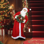 Figura de Papá Noel junto a una escalera con alfombra roja y un árbol de Navidad