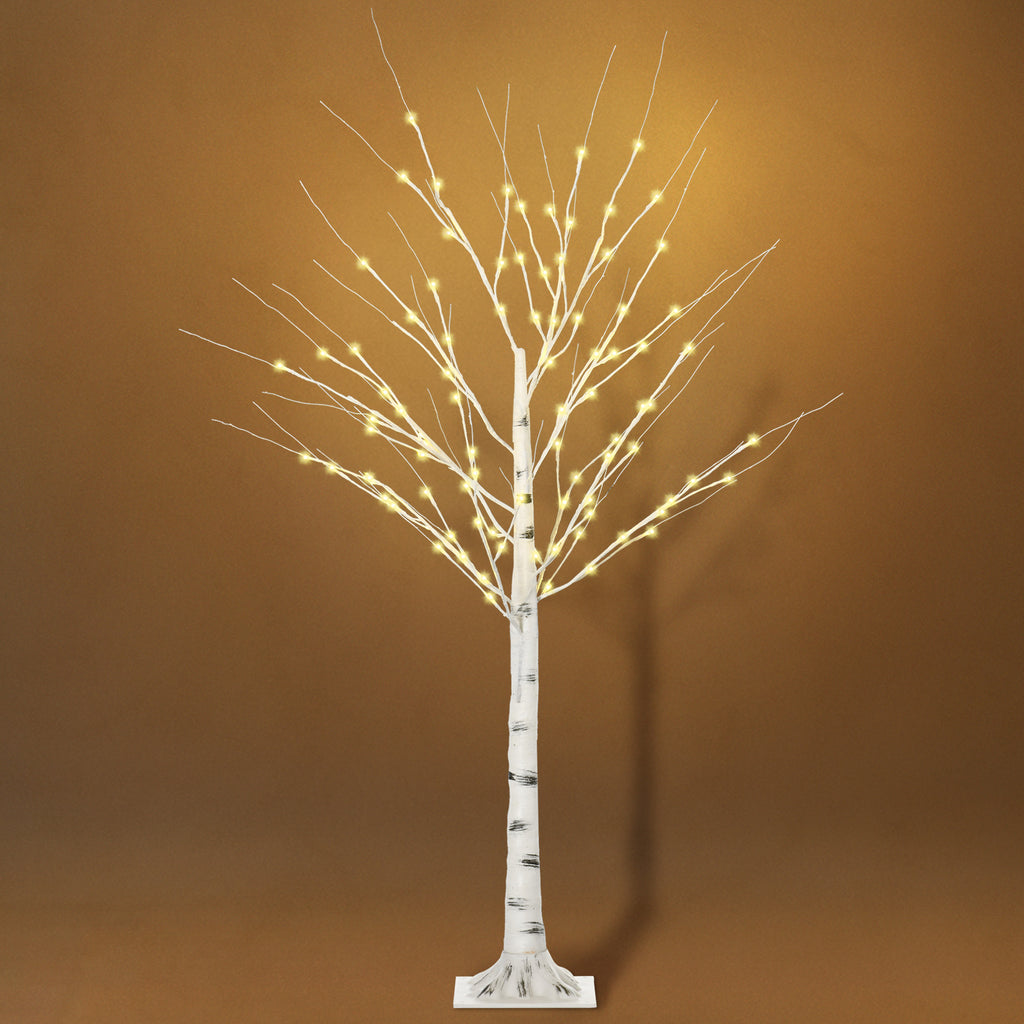 Árbol luminoso de abedul LED de 150 cm con tronco blanco y luces cálidas, vista frontal