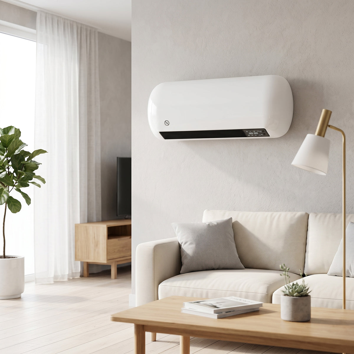 Calefactor de pared blanco en un dormitorio