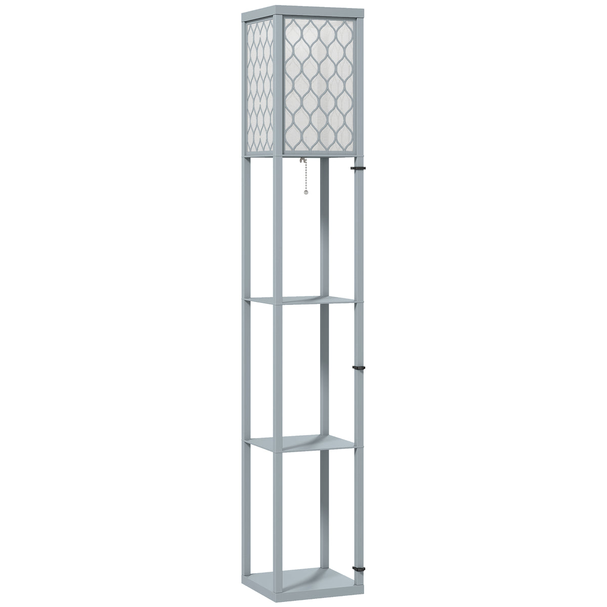 Lámpara de pie 2 en 1 con 3 estantes y pantalla de tela gris claro y blanco