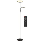Lámpara de pie LED negra con luz principal y de lectura junto a su mando a distancia