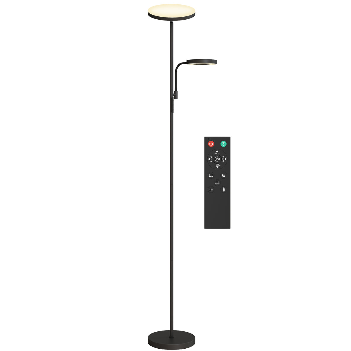 Lámpara de pie LED negra con luz principal y de lectura junto a su mando a distancia