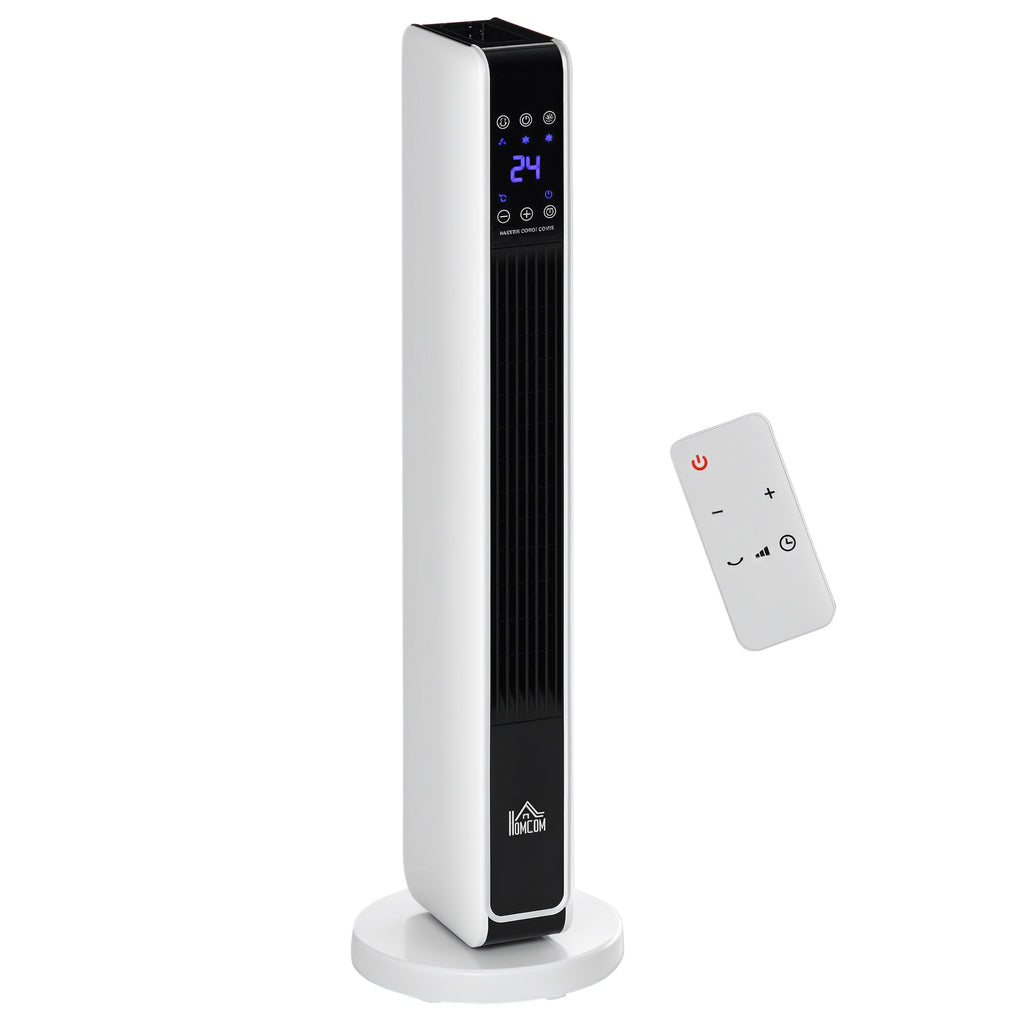 Calefactor cerámico de torre blanco y negro de 2200 W sobre fondo blanco