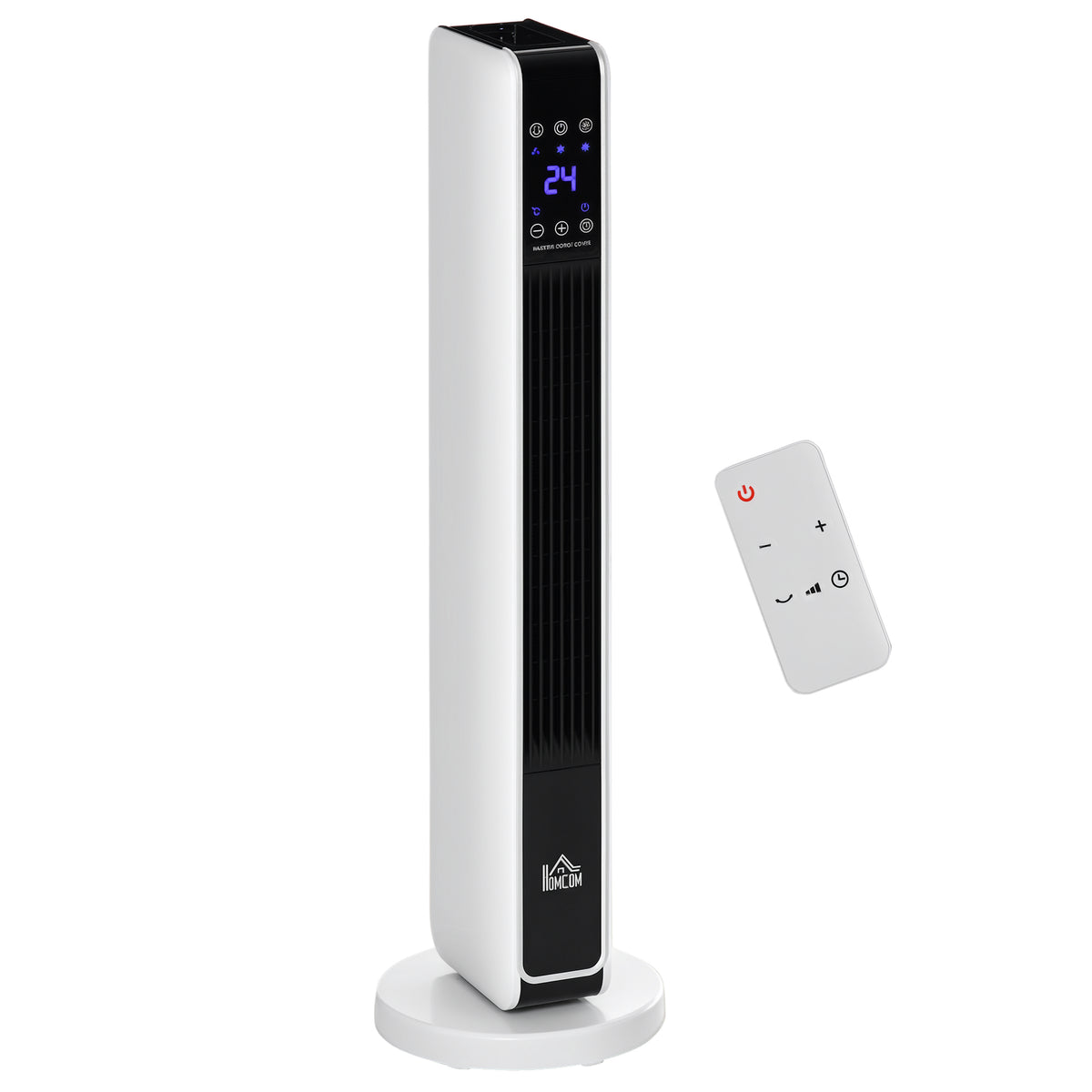 Calefactor cerámico de torre blanco y negro de 2200 W sobre fondo blanco
