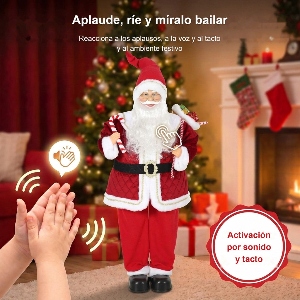 Papá Noel animado que reacciona a aplausos, voz y tacto junto a un árbol de Navidad