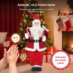 Papá Noel animado que reacciona a aplausos, voz y tacto junto a un árbol de Navidad