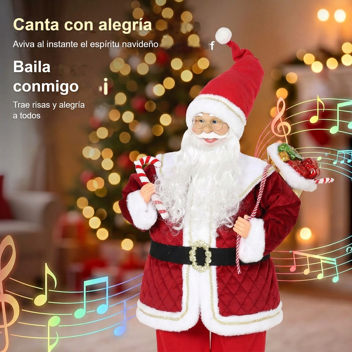 Papá Noel animado que canta y baila con notas musicales frente a un árbol de Navidad: canta con alegría