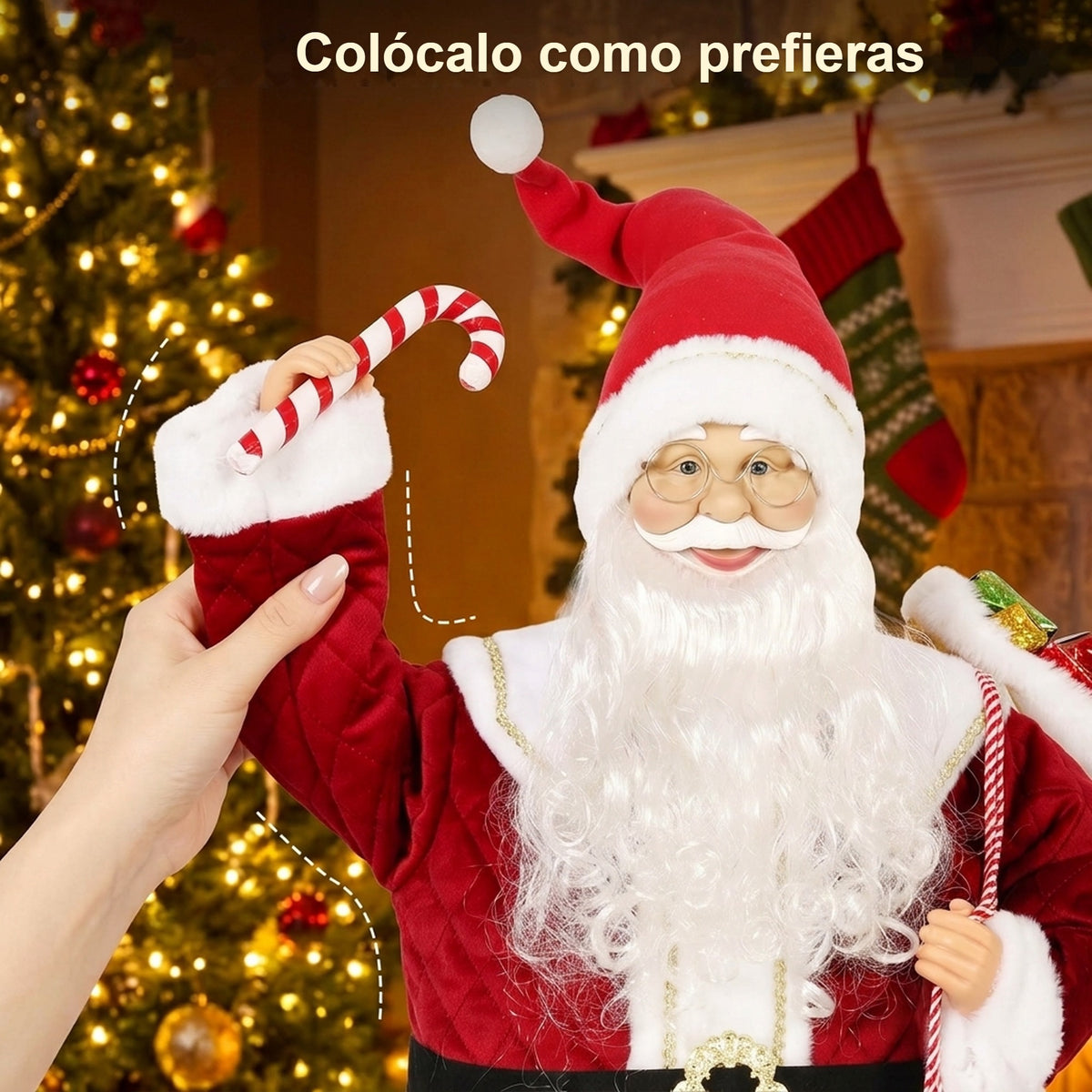 Primer plano del Papá Noel animado con el bastón de caramelo: colócalo como prefieras