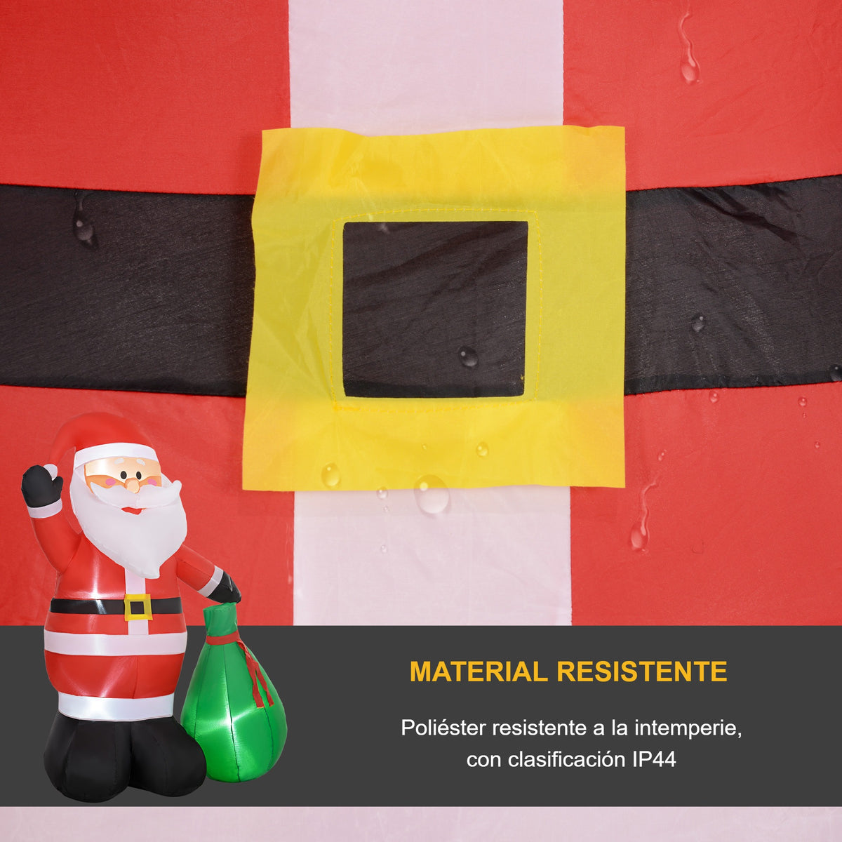 Material resistente: detalle del cinturón del Papá Noel hinchable de poliéster con clasificación IP44