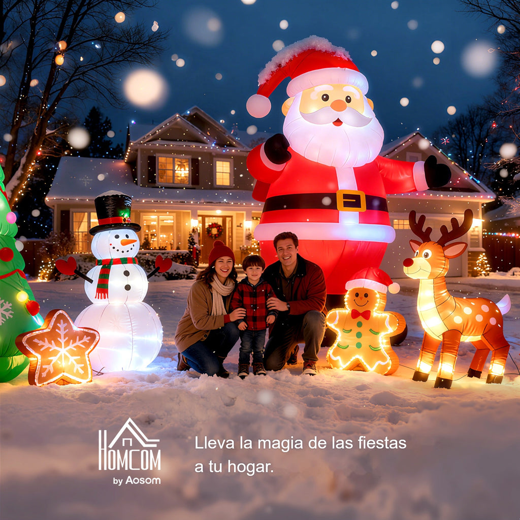 Lleva la magia de las fiestas a tu hogar: figuras hinchables navideñas iluminadas junto a una familia