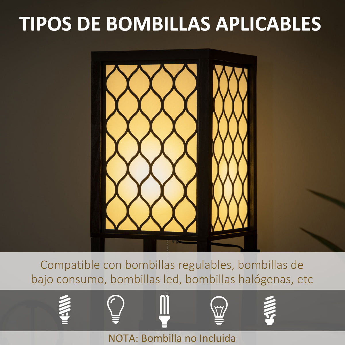 Pantalla de panal encendida con luz cálida y tipos de bombillas aplicables