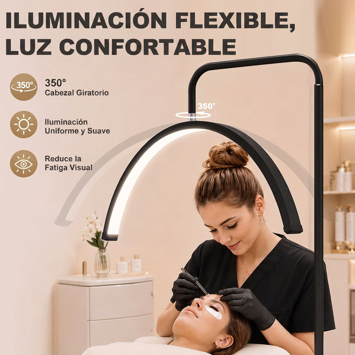 Lámpara de pie LED negra con cabeza en media luna, vista 4