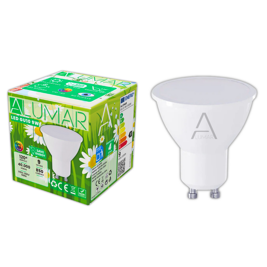 Bombilla LED GU10 9W 6500K Blanco frío ALUMAR con su caja individual sobre fondo blanco