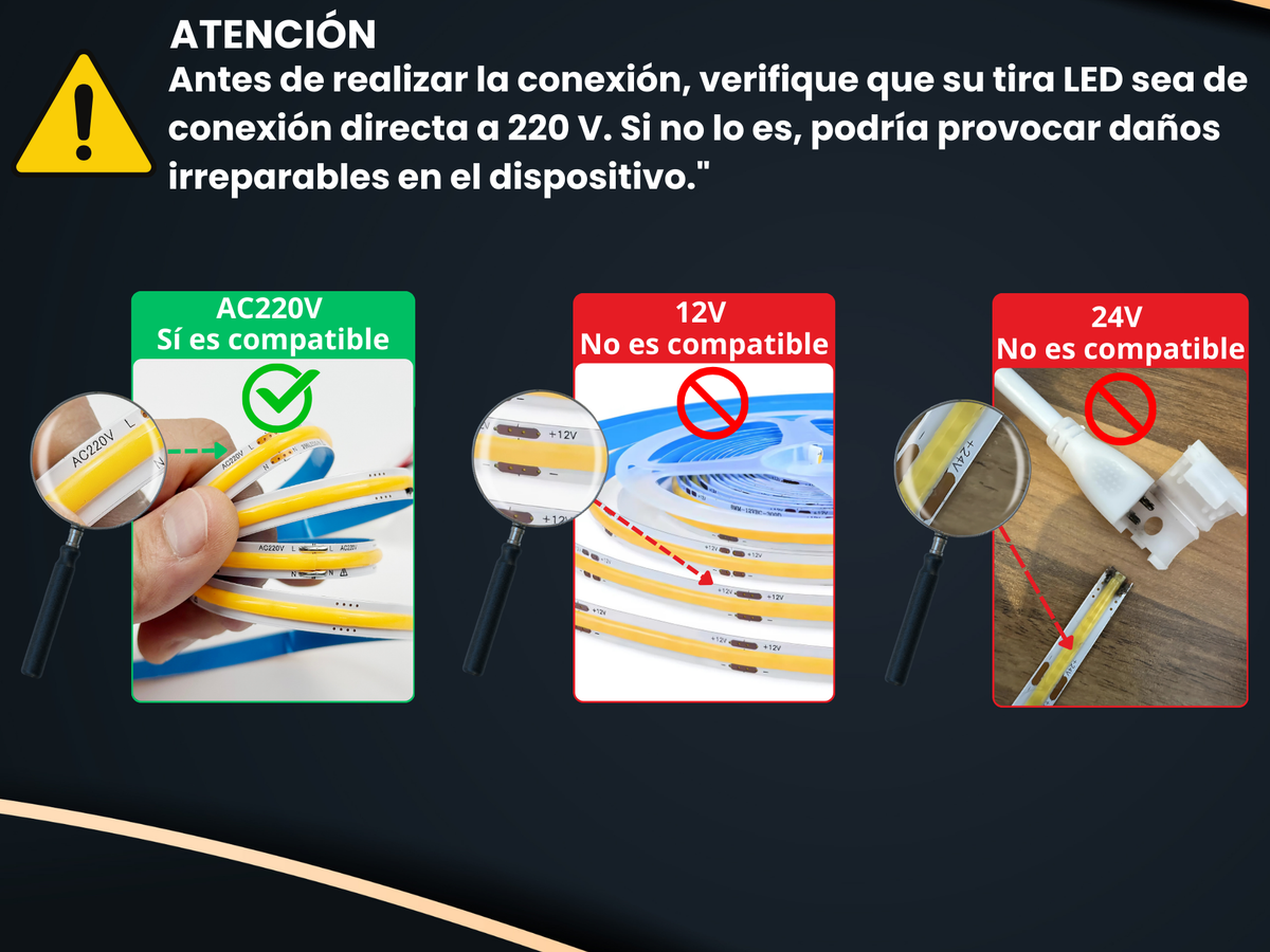 Advertencia de compatibilidad: el adaptador solo funciona con tiras LED de conexión directa a 220V, no con tiras de 12V o 24V
