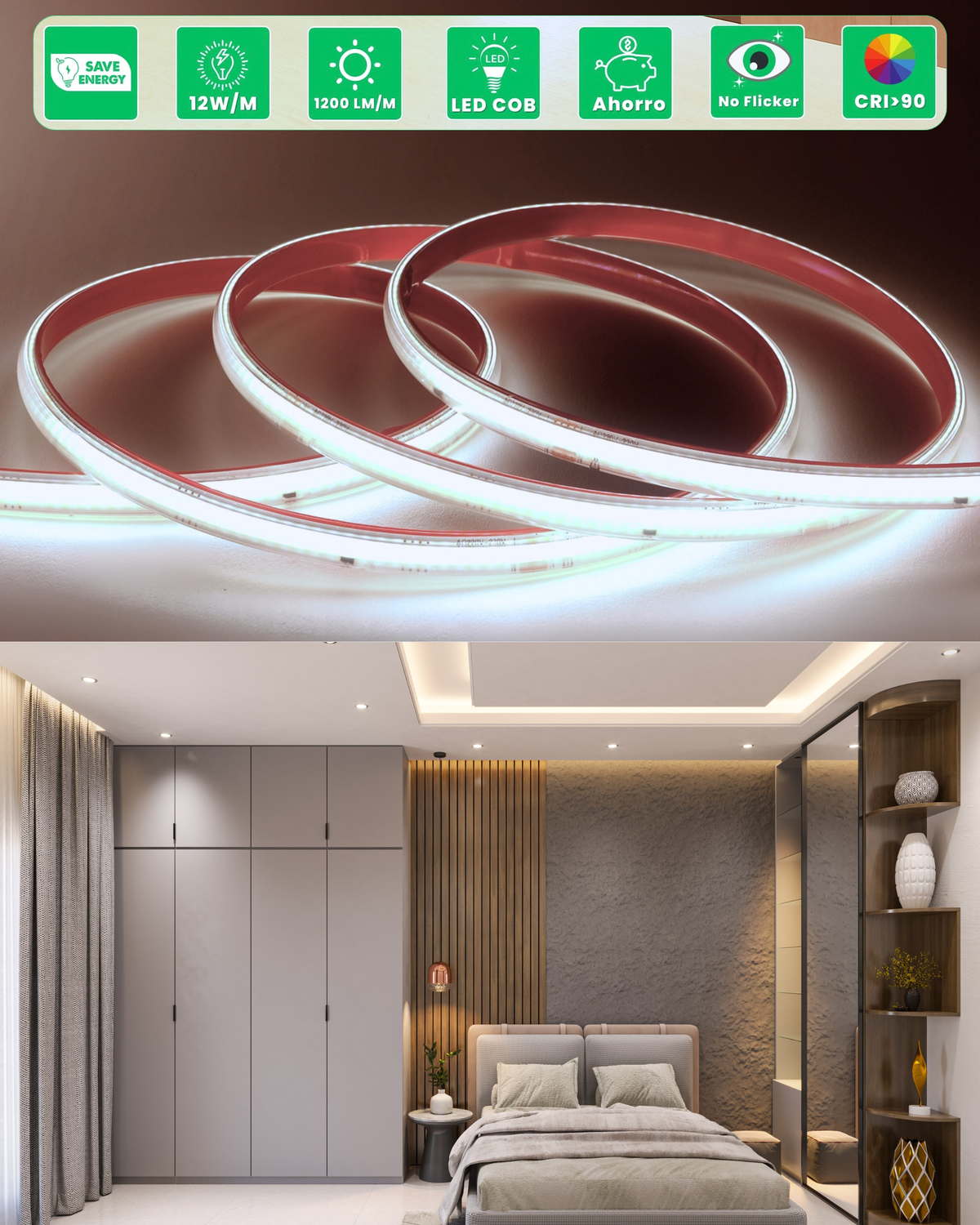 Tira LED COB ALUMAR 4500K Blanco neutro con iconos de 12 W/m, 1200 lm/m, sin parpadeo y CRI>90