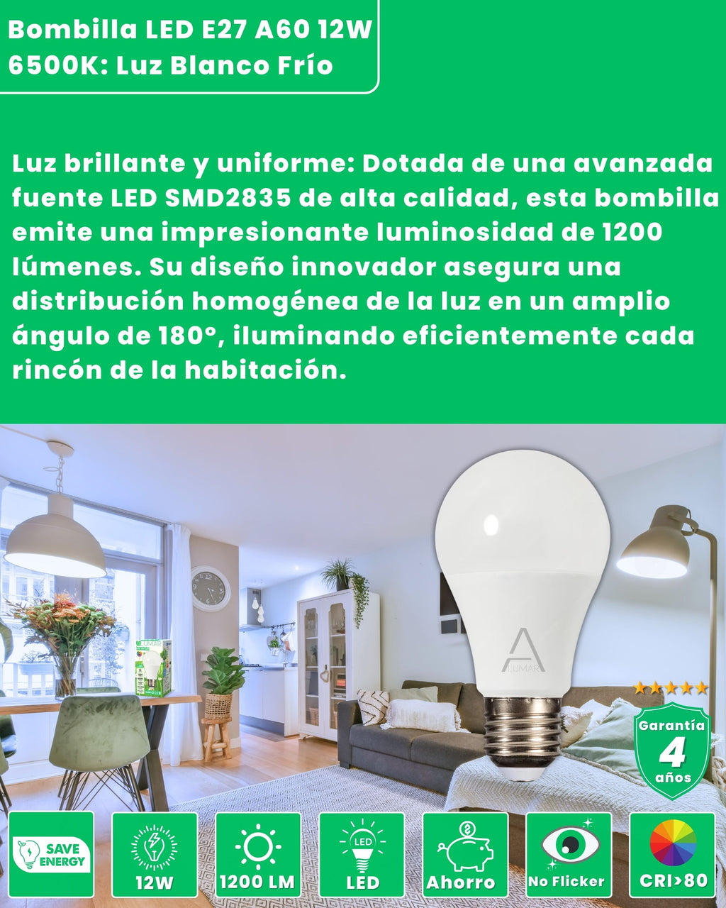 Bombilla LED E27 A60 12W 6500K Blanco frío ALUMAR: 1200 lúmenes, sin parpadeo y CRI>80