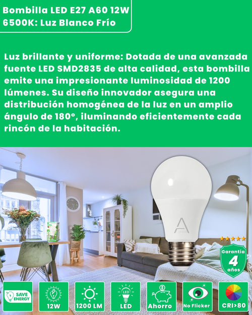 Bombilla LED E27 A60 12W 6500K Blanco frío ALUMAR: 1200 lúmenes, sin parpadeo y CRI>80