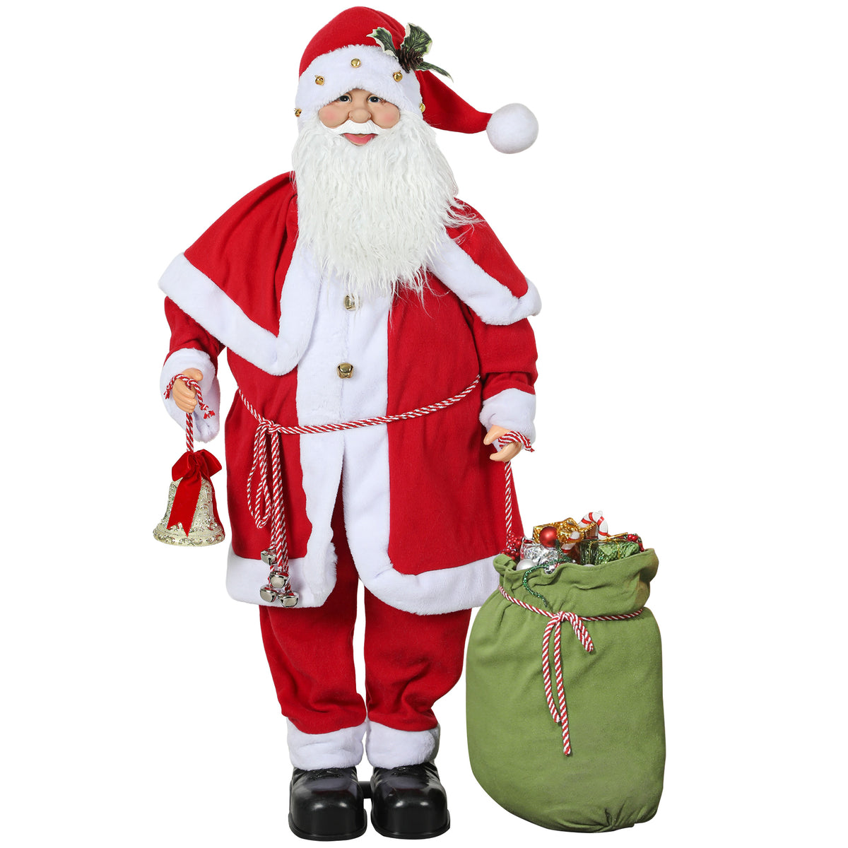 Figura de Papá Noel de 140 cm con traje rojo y blanco, campana y saco de regalos verde, vista frontal sobre fondo blanco