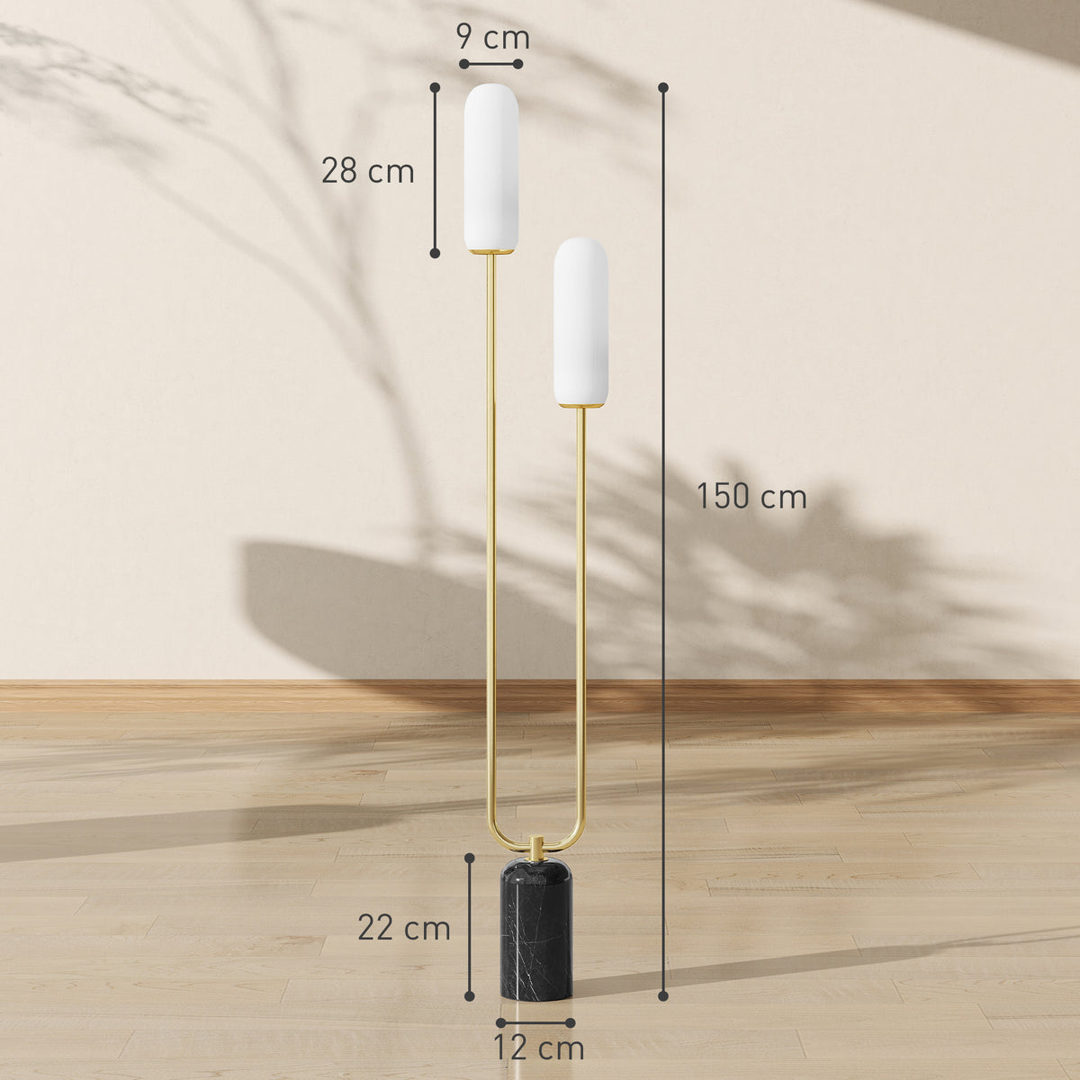 Medidas de la lámpara de pie: 150 cm de alto, pantallas de 28 cm y base de mármol de 22 cm de alto y 12 cm de diámetro