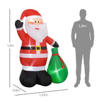 Medidas del Papá Noel hinchable: 1,8 m de alto, 1,43 m de ancho y 0,8 m de fondo, junto a una silueta humana