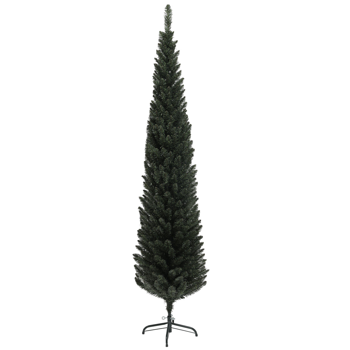 Abeto de Navidad artificial estrecho de 195 cm con base de acero, vista frontal sobre fondo blanco