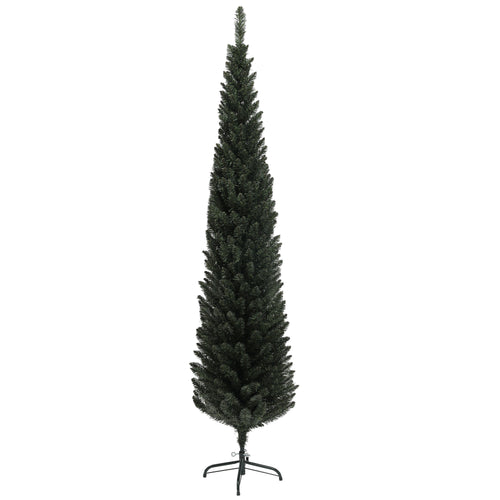 Abeto de Navidad artificial estrecho de 195 cm con base de acero, vista frontal sobre fondo blanco