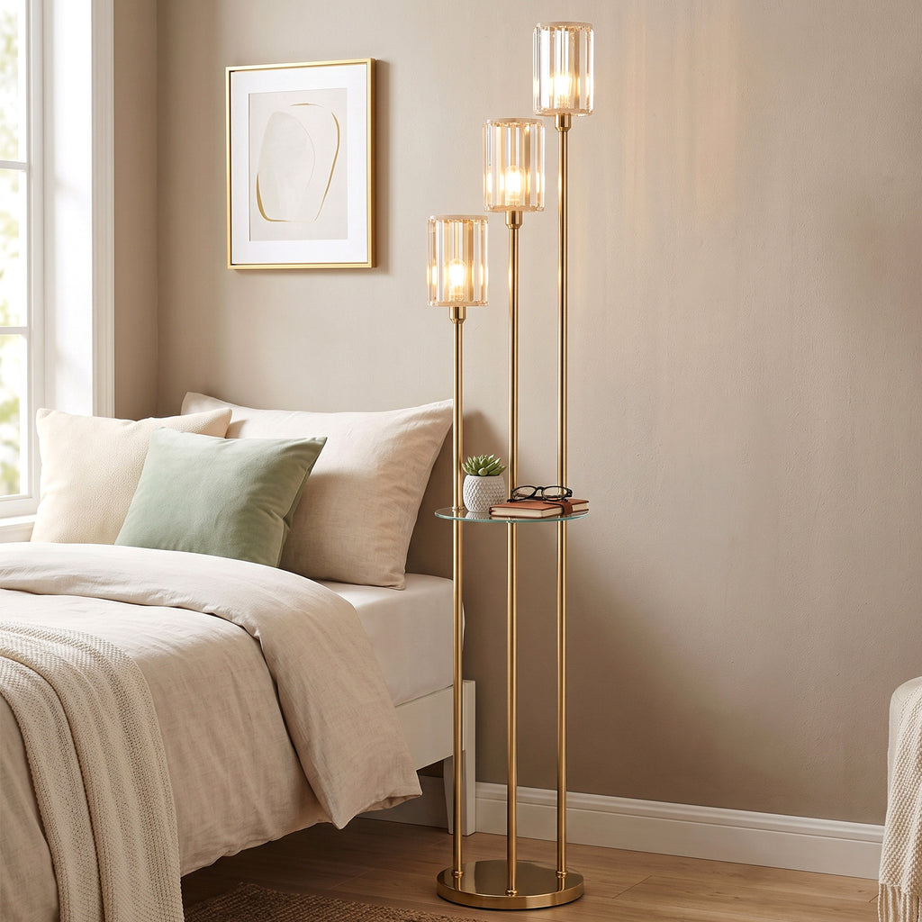 Lámpara de pie dorada de 3 luces con repisa de vidrio, vista 5
