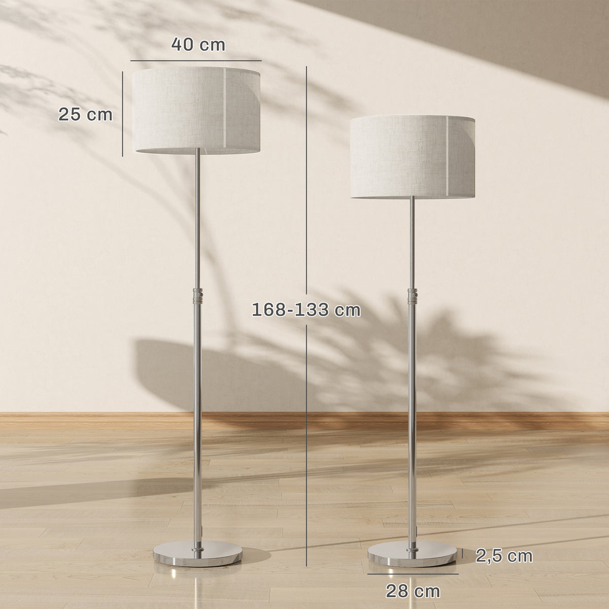 Medidas de la lámpara de pie: altura regulable de 133 a 168 cm, pantalla de 40 por 25 cm y base de 28 cm