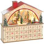 Calendario de Adviento de madera con casita de tejado rojo, escena de bosque iluminada y 24 cajones numerados, vista frontal