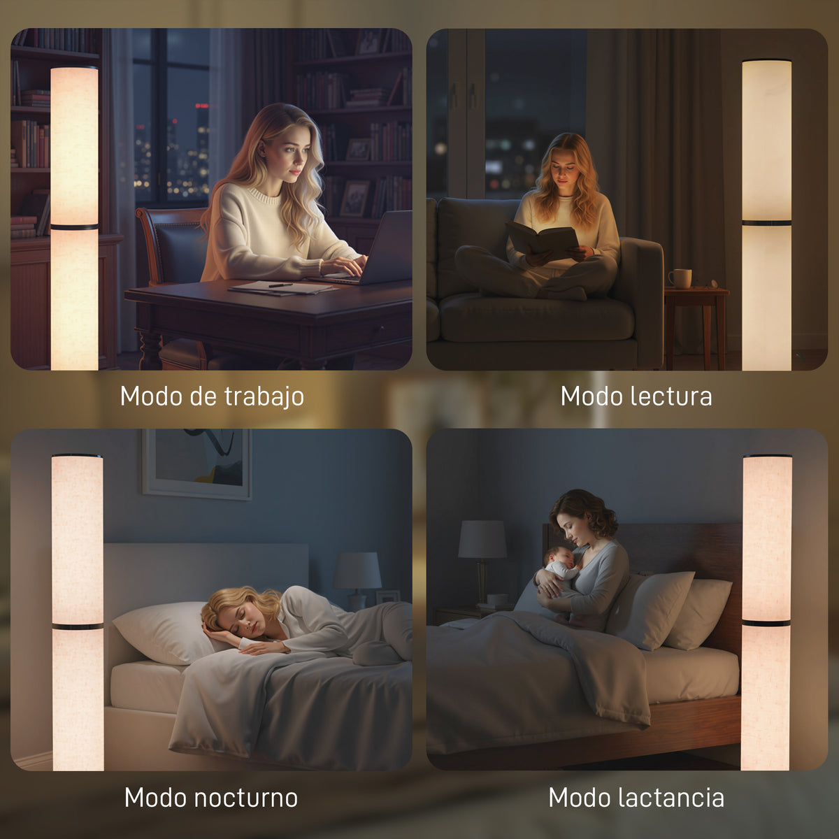 Modos de trabajo, lectura, nocturno y lactancia de la lámpara de pie LED en columna