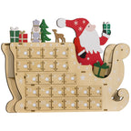 Calendario de Adviento de madera con Papá Noel en su trineo sobre fondo blanco