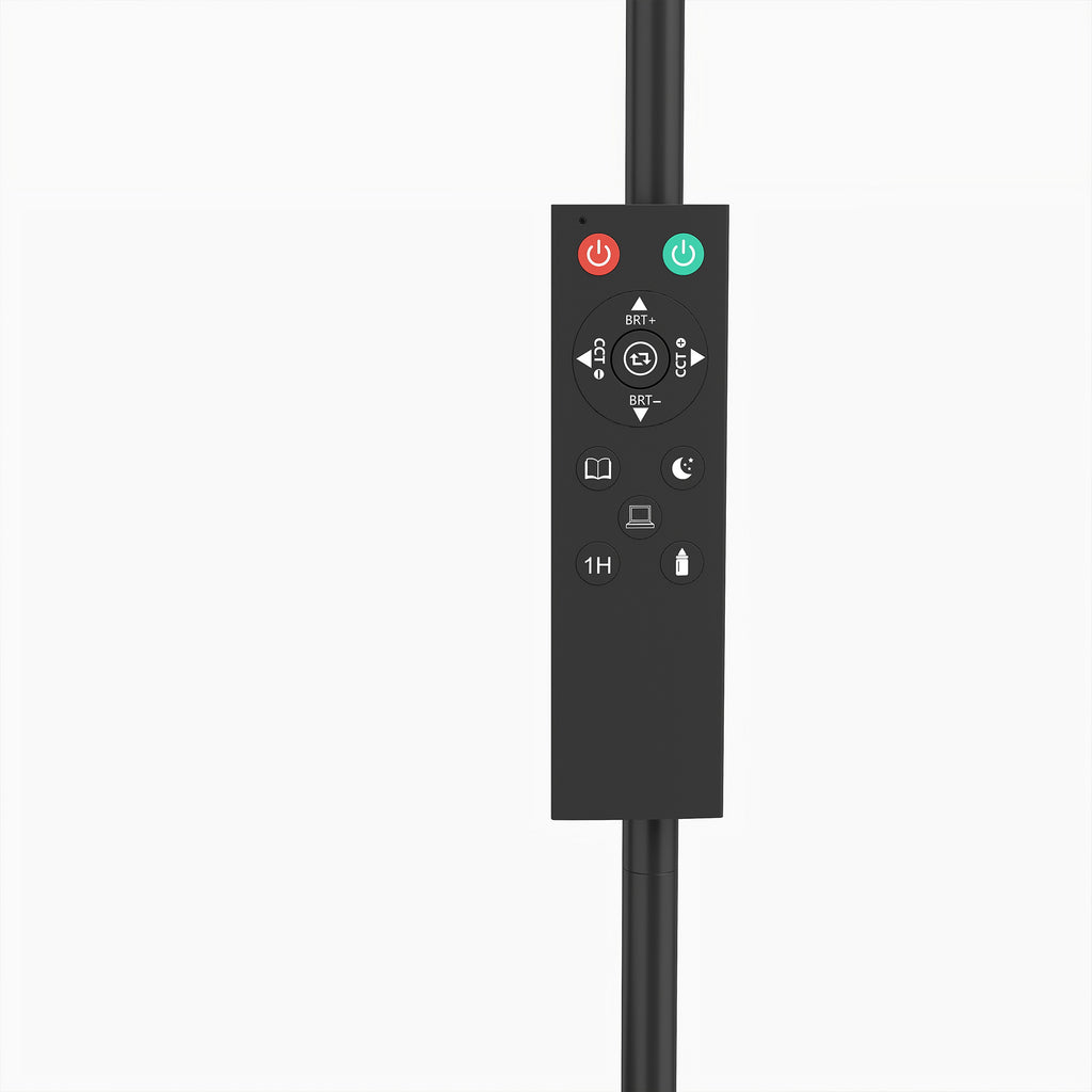 Mando a distancia magnético colocado en el mástil de la lámpara de pie LED con sus botones de control