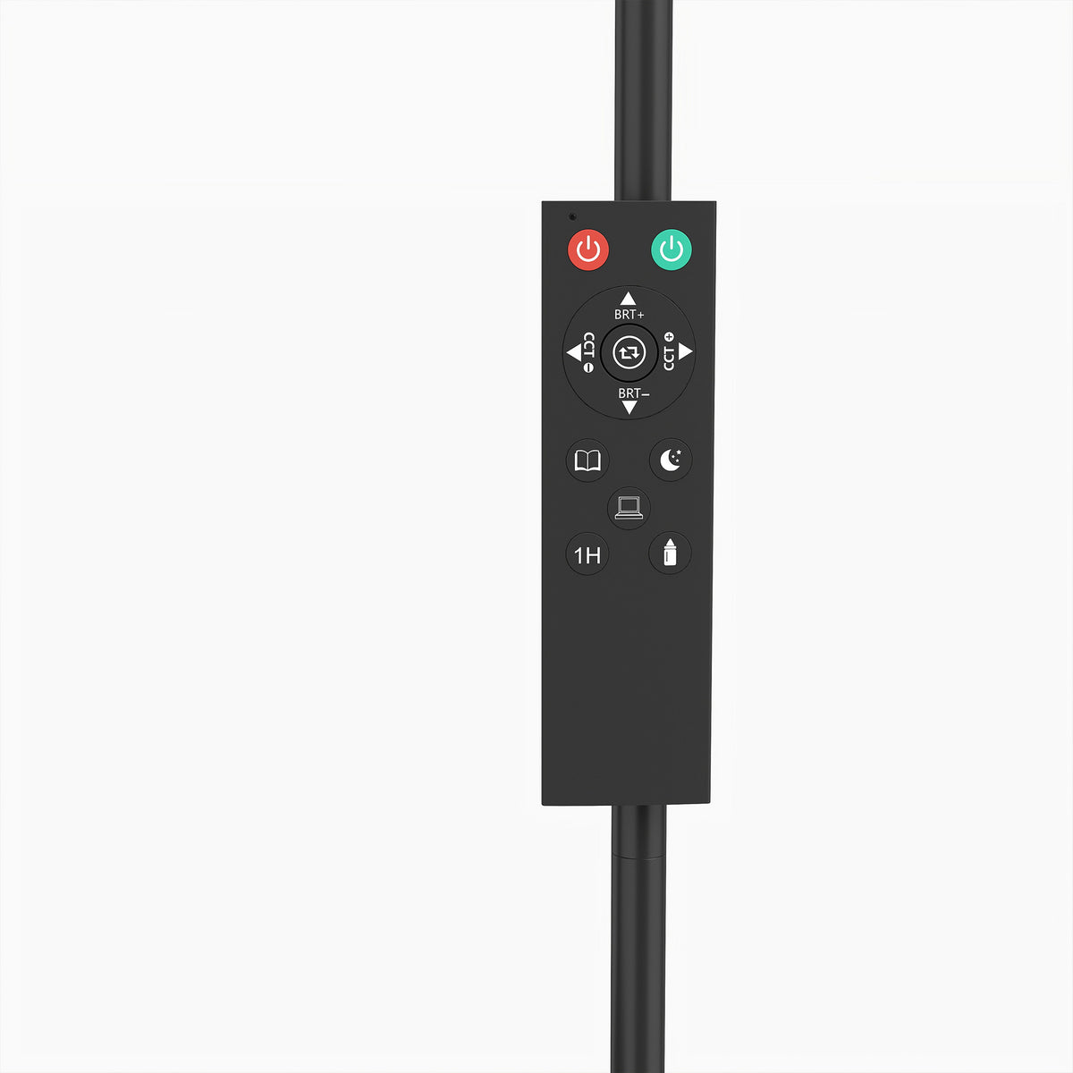 Mando a distancia magnético colocado en el mástil de la lámpara de pie LED con sus botones de control