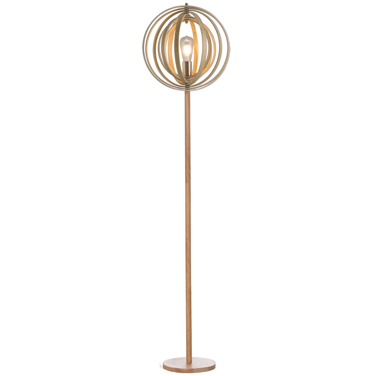 Lámpara de pie de madera natural con pantalla de aros giratorios y base redonda, vista frontal sobre fondo blanco