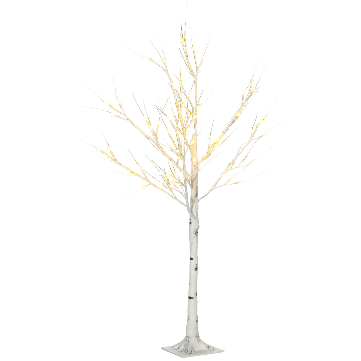 Árbol de abedul luminoso de 120 cm con luces cálidas, vista completa sobre fondo blanco