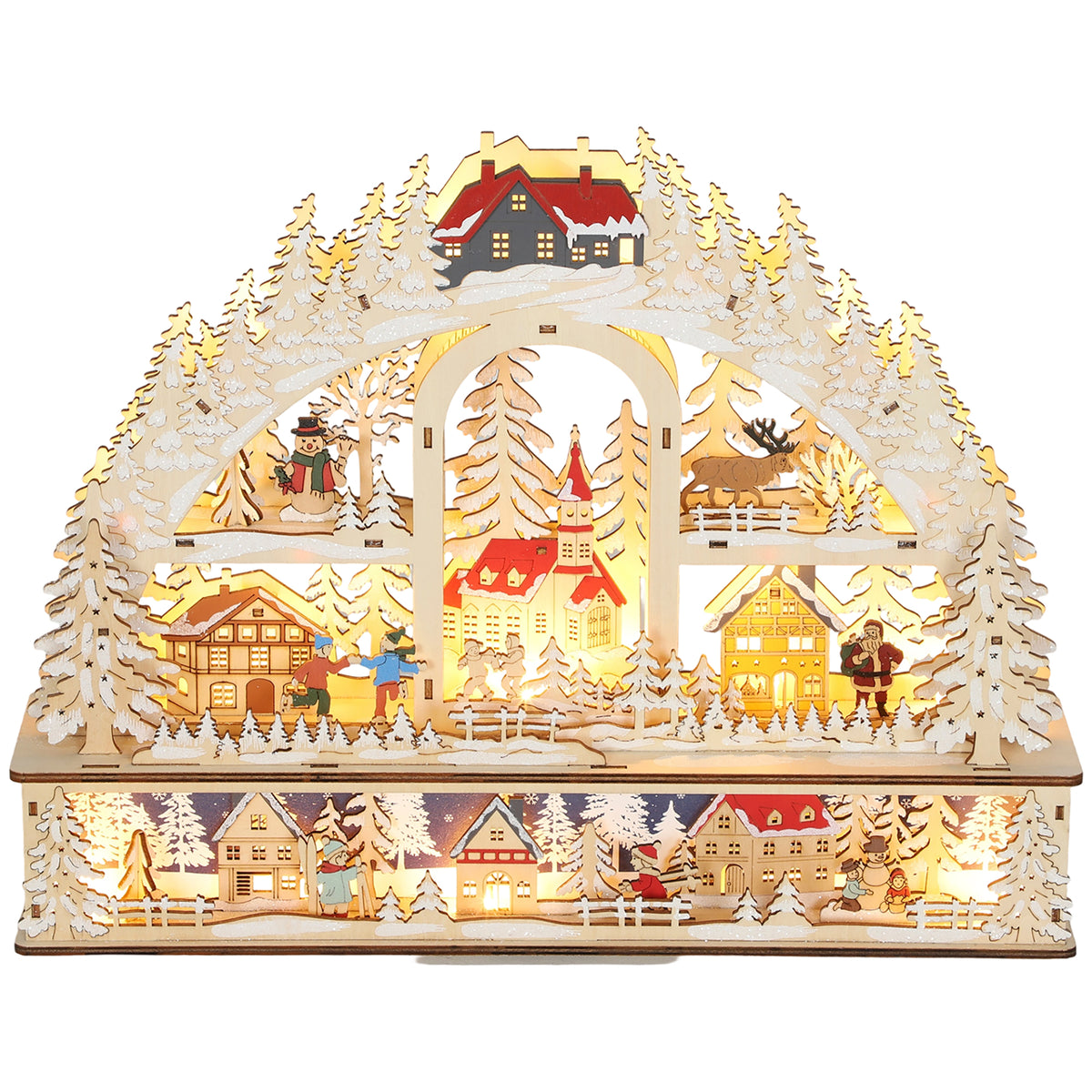 Pueblo navideño de madera en arco con 20 LED encendidos y casitas de colores, vista frontal sobre fondo blanco