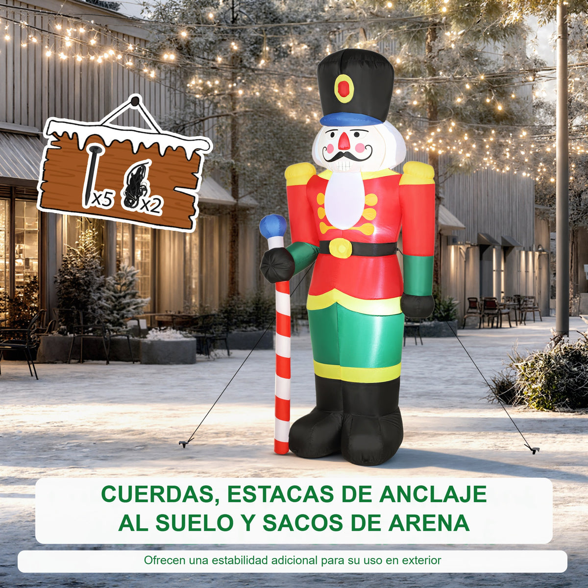 Cuerdas, estacas de anclaje al suelo y sacos de arena para fijar el soldado cascanueces hinchable en exterior
