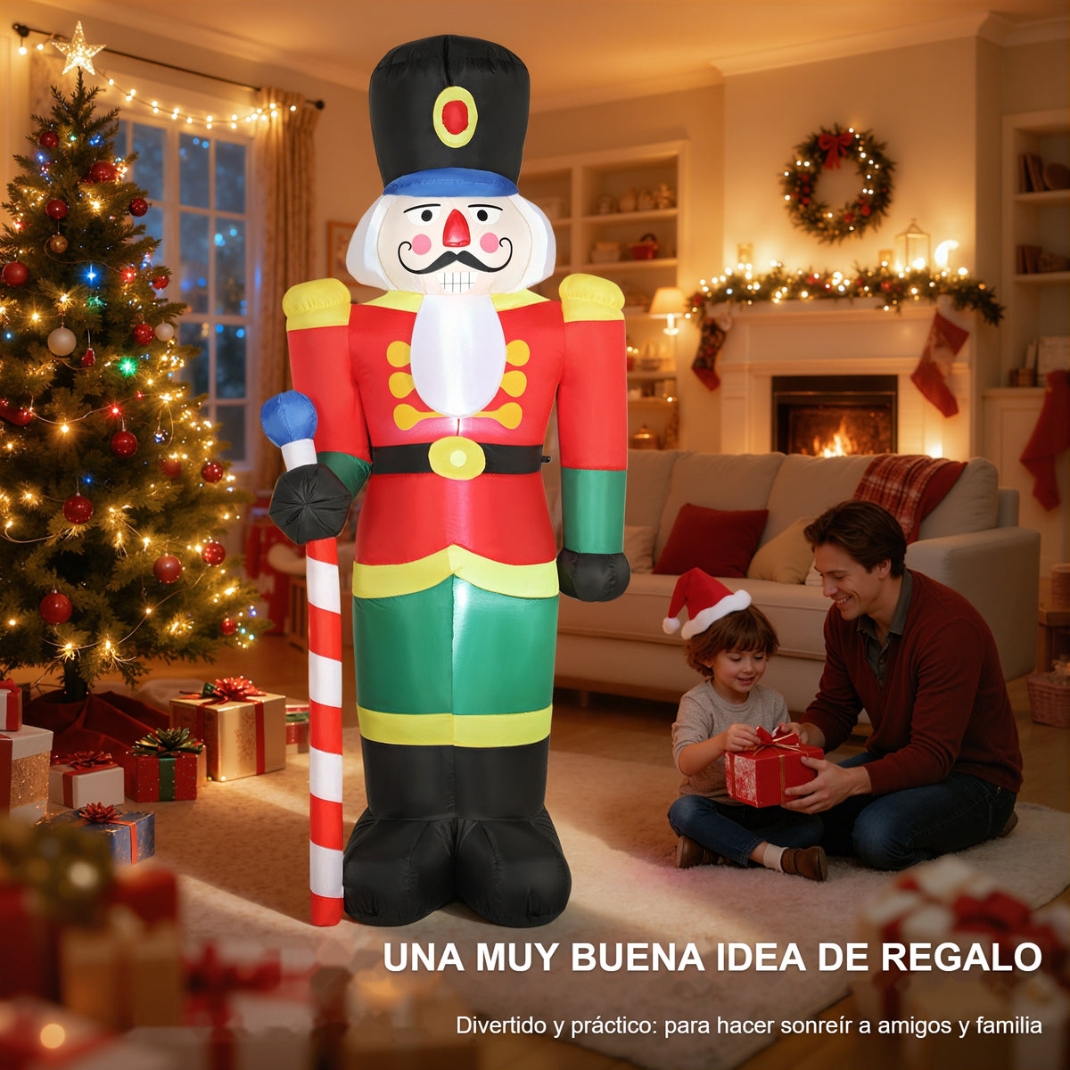 Soldado cascanueces hinchable como idea de regalo, junto a un árbol y regalos en un salón