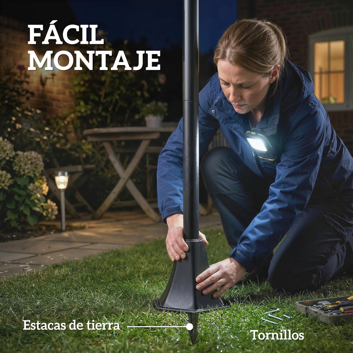 Farolas solares en un jardín al atardecer