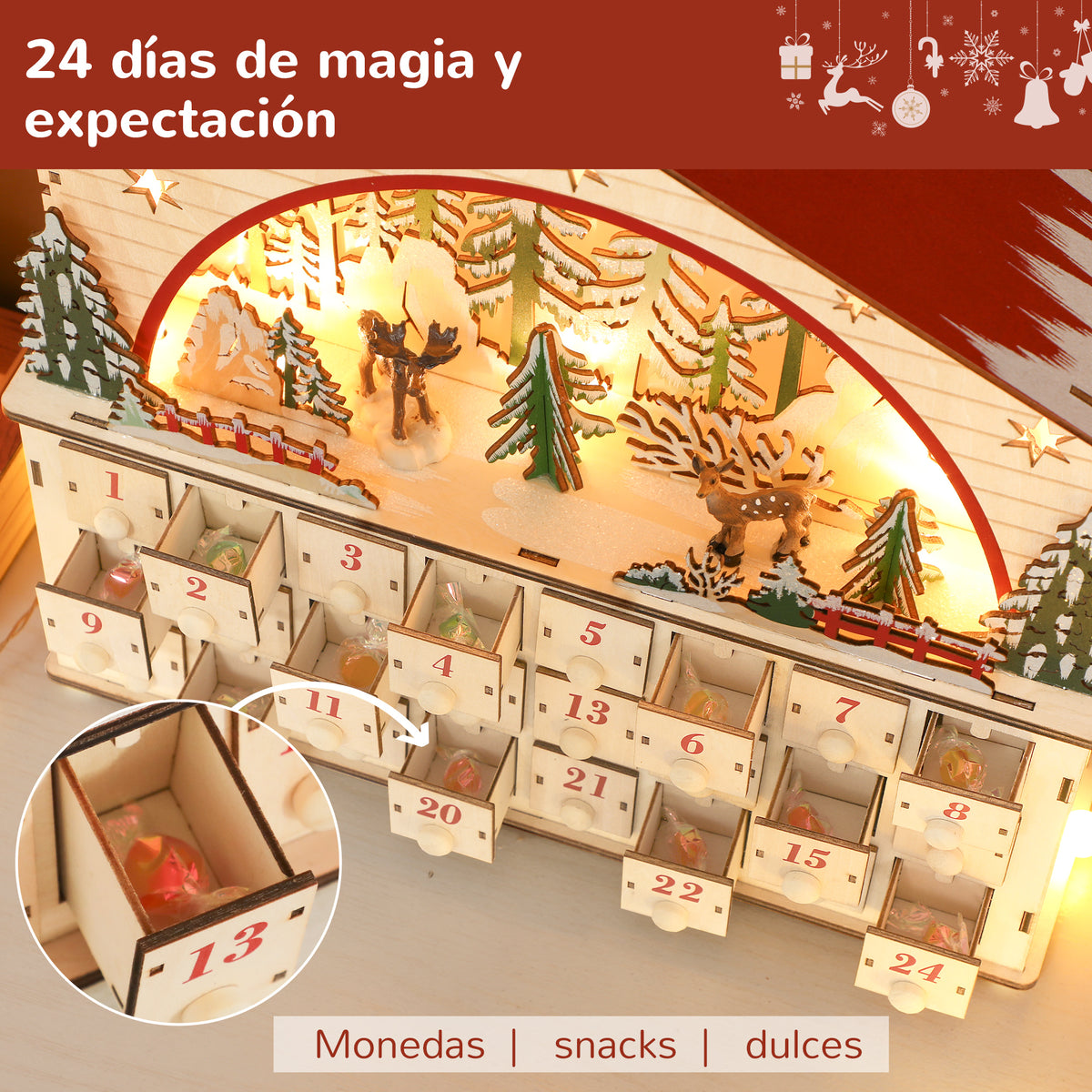 24 días de magia y expectación: cajones del calendario de Adviento abiertos con monedas, snacks y dulces