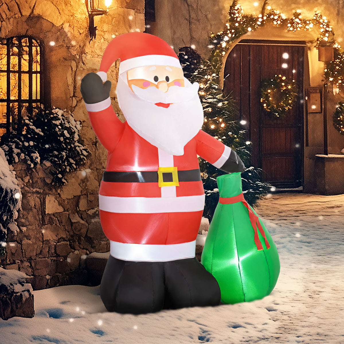 Papá Noel hinchable iluminado en una entrada de casa nevada con luces navideñas