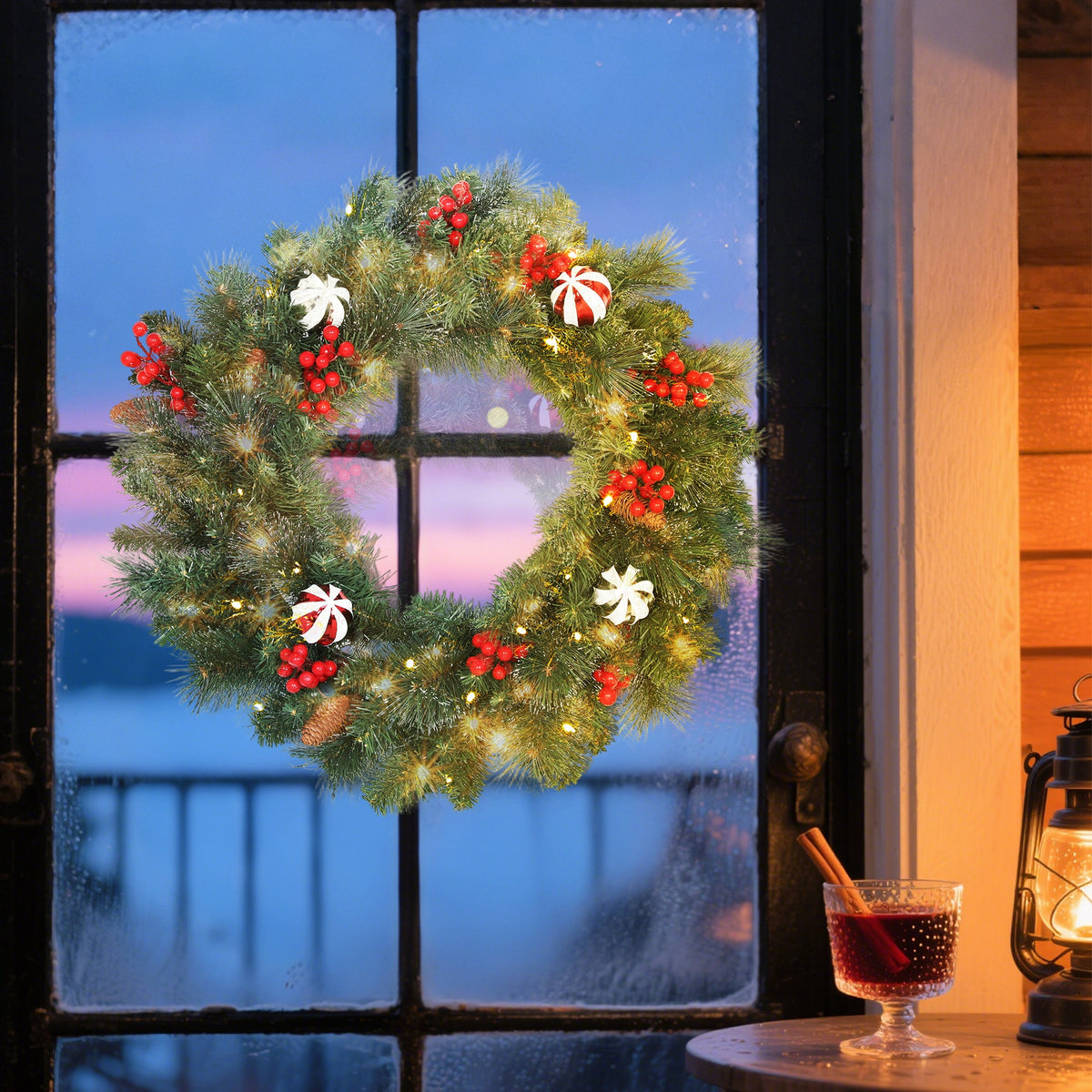 Corona de Navidad iluminada colgada en una ventana al atardecer junto a una copa de vino caliente