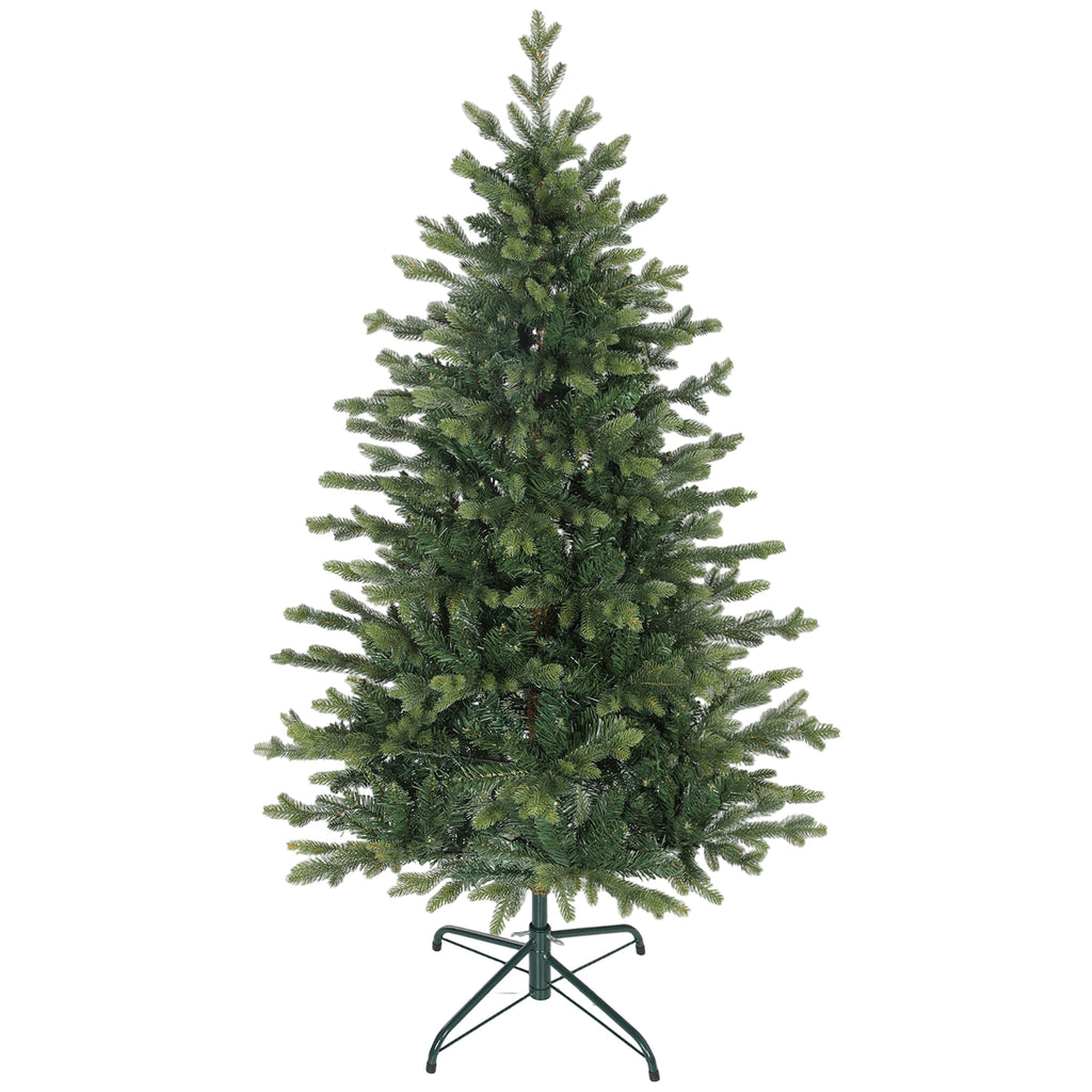 Abeto de Navidad realista de 150 cm con soporte metálico verde, vista frontal sobre fondo blanco