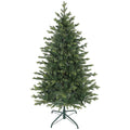 Abeto de Navidad realista de 150 cm con soporte metálico verde, vista frontal sobre fondo blanco